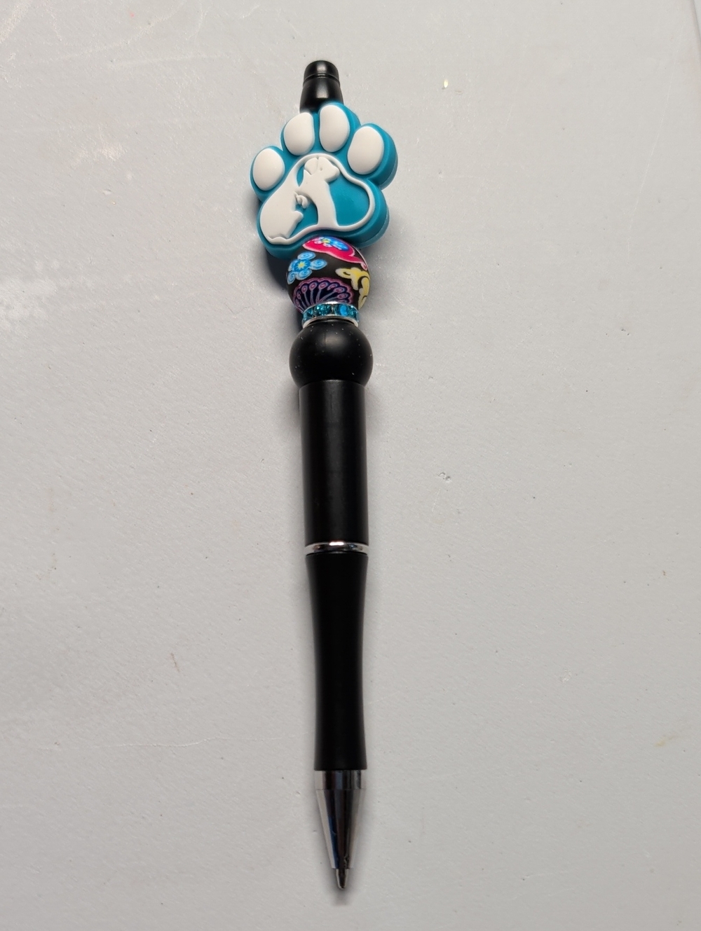 Hand Crafted Black Pen with Teal Paw and Multicolor Bead